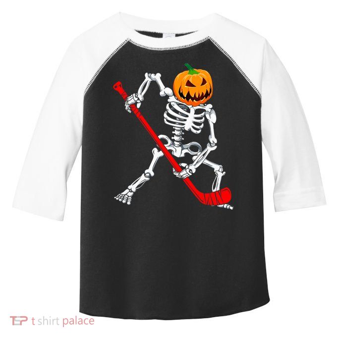 Hockey Player Skeleton Halloween Pumkin Costume For Boy Toddler Fine Jersey T-Shirt
