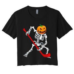 Hockey Player Skeleton Halloween Pumkin Costume For Boy Women's Crop Top Tee