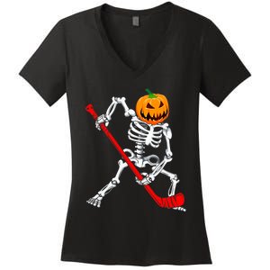 Hockey Player Skeleton Halloween Pumkin Costume For Boy Women's V-Neck T-Shirt