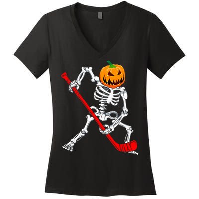 Hockey Player Skeleton Halloween Pumkin Costume For Boy Women's V-Neck T-Shirt