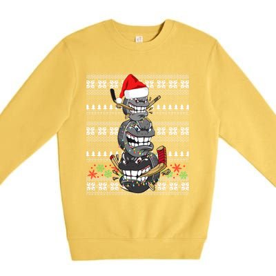 Hockey Puck Snow Family Group Ugly Christmas Hockey Gift Premium Crewneck Sweatshirt