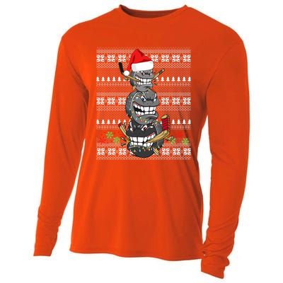 Hockey Puck Snow Family Group Ugly Christmas Hockey Gift Cooling Performance Long Sleeve Crew