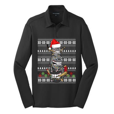 Hockey Puck Snow Family Group Ugly Christmas Hockey Gift Silk Touch Performance Long Sleeve Polo