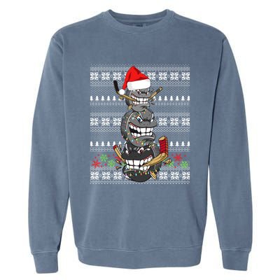 Hockey Puck Snow Family Group Ugly Christmas Hockey Gift Garment-Dyed Sweatshirt