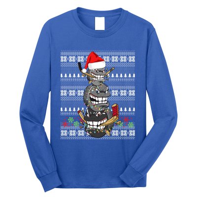 Hockey Puck Snow Family Group Ugly Christmas Hockey Gift Long Sleeve Shirt