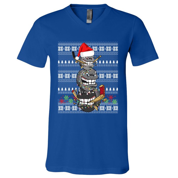 Hockey Puck Snow Family Group Ugly Christmas Hockey Gift V-Neck T-Shirt