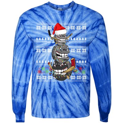 Hockey Puck Snow Family Group Ugly Christmas Hockey Gift Tie-Dye Long Sleeve Shirt