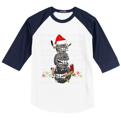 Hockey Puck Snow Family Group Ugly Christmas Hockey Gift Baseball Sleeve Shirt