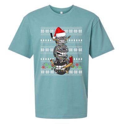 Hockey Puck Snow Family Group Ugly Christmas Hockey Gift Sueded Cloud Jersey T-Shirt