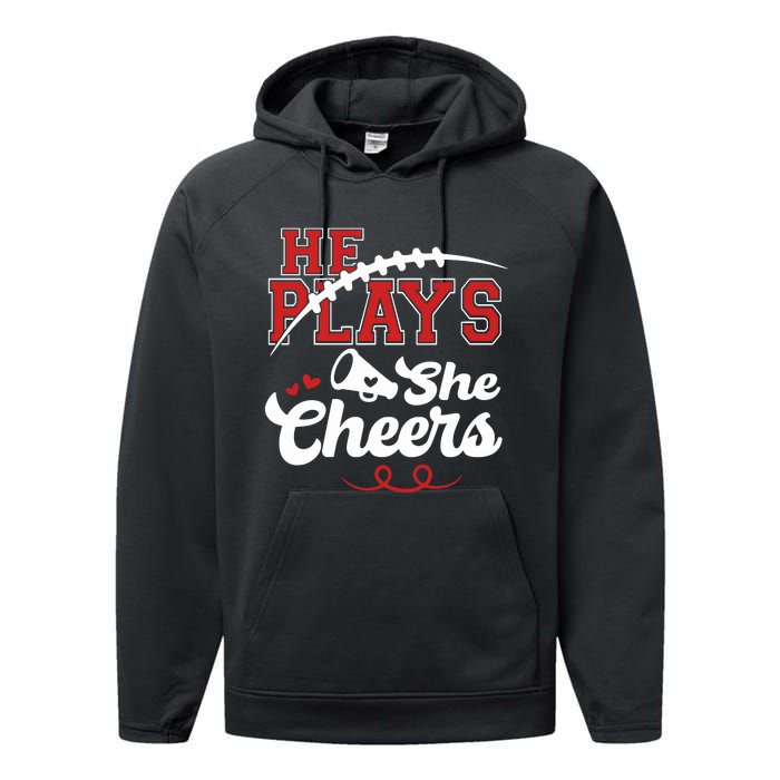 He Plays She Cheers Football Performance Fleece Hoodie