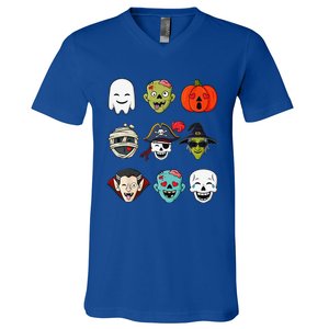 Halloween Pirate Skeleton Zombie Mummy Funny Faces V-Neck T-Shirt