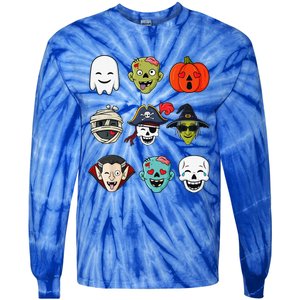 Halloween Pirate Skeleton Zombie Mummy Funny Faces Tie-Dye Long Sleeve Shirt