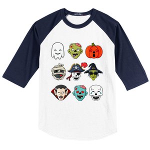 Halloween Pirate Skeleton Zombie Mummy Funny Faces Baseball Sleeve Shirt