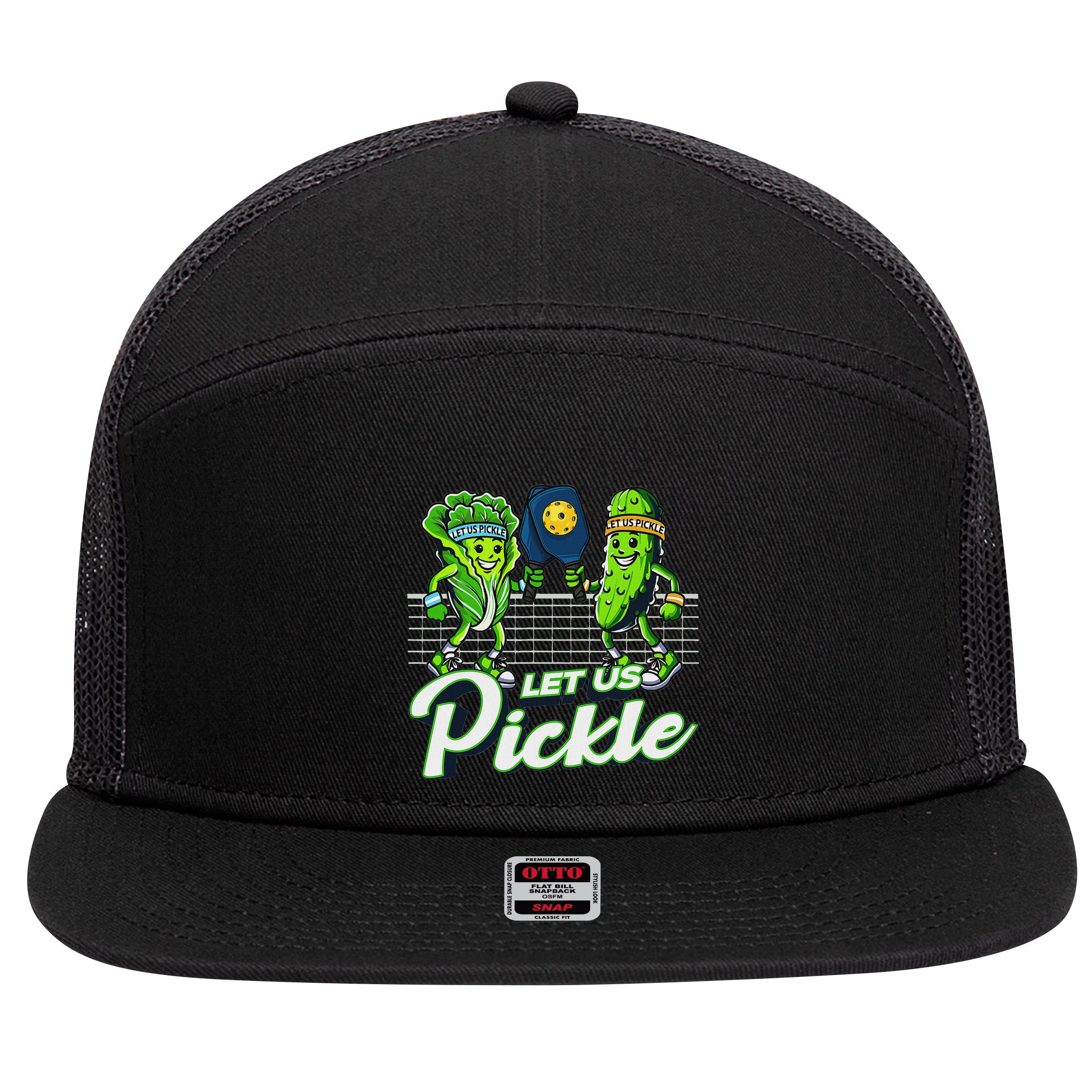 Hilarious Pickleball Swag Featuring Lettuce Pickle Players 7 Panel Mesh Trucker Snapback Hat