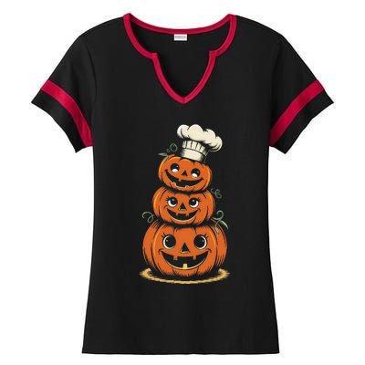 Halloween Pumpkin Stack Chef Hat Spooky Scary Ladies Halftime Notch Neck Tee