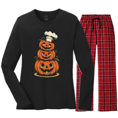 Halloween Pumpkin Stack Chef Hat Spooky Scary Women's Long Sleeve Flannel Pajama Set 