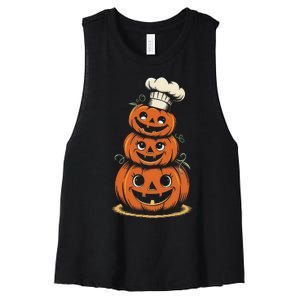 Halloween Pumpkin Stack Chef Hat Spooky Scary Women's Racerback Cropped Tank