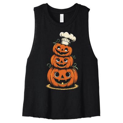 Halloween Pumpkin Stack Chef Hat Spooky Scary Women's Racerback Cropped Tank