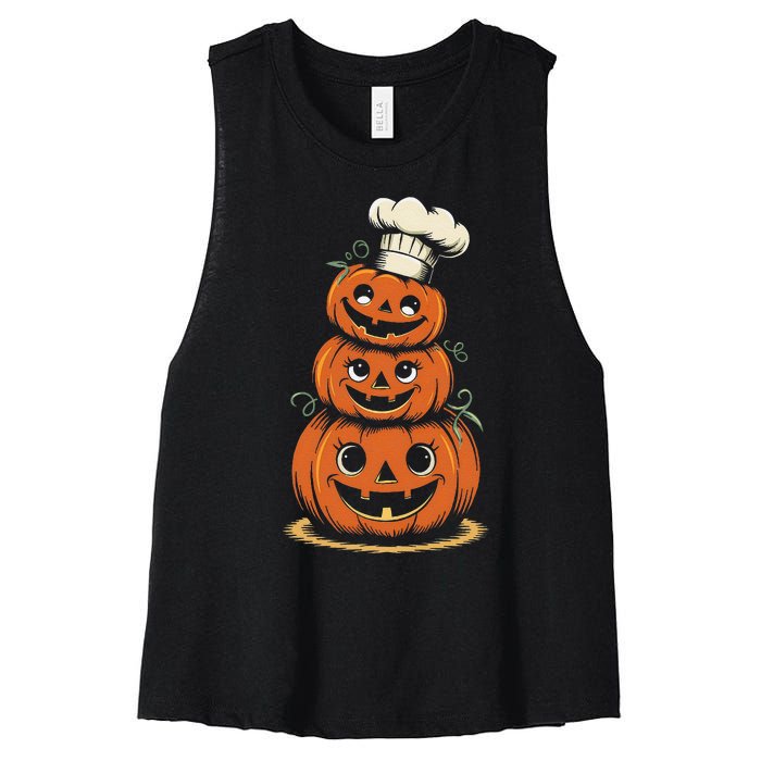 Halloween Pumpkin Stack Chef Hat Spooky Scary Women's Racerback Cropped Tank