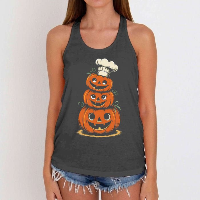 Halloween Pumpkin Stack Chef Hat Spooky Scary Women's Knotted Racerback Tank