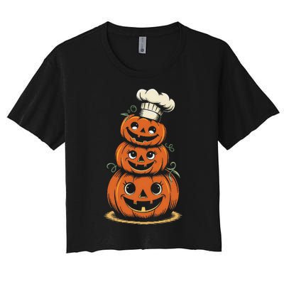 Halloween Pumpkin Stack Chef Hat Spooky Scary Women's Crop Top Tee