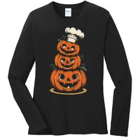 Halloween Pumpkin Stack Chef Hat Spooky Scary Ladies Long Sleeve Shirt