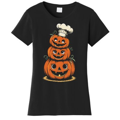 Halloween Pumpkin Stack Chef Hat Spooky Scary Women's T-Shirt