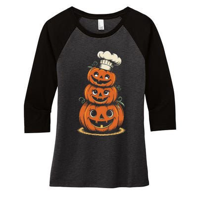 Halloween Pumpkin Stack Chef Hat Spooky Scary Women's Tri-Blend 3/4-Sleeve Raglan Shirt