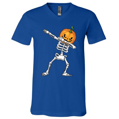 Halloween Pumpkin Skeleton Dabbing Funny Gift V-Neck T-Shirt