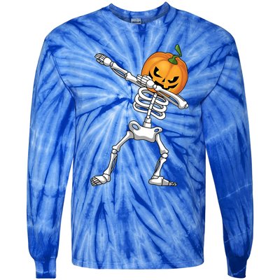 Halloween Pumpkin Skeleton Dabbing Funny Gift Tie-Dye Long Sleeve Shirt