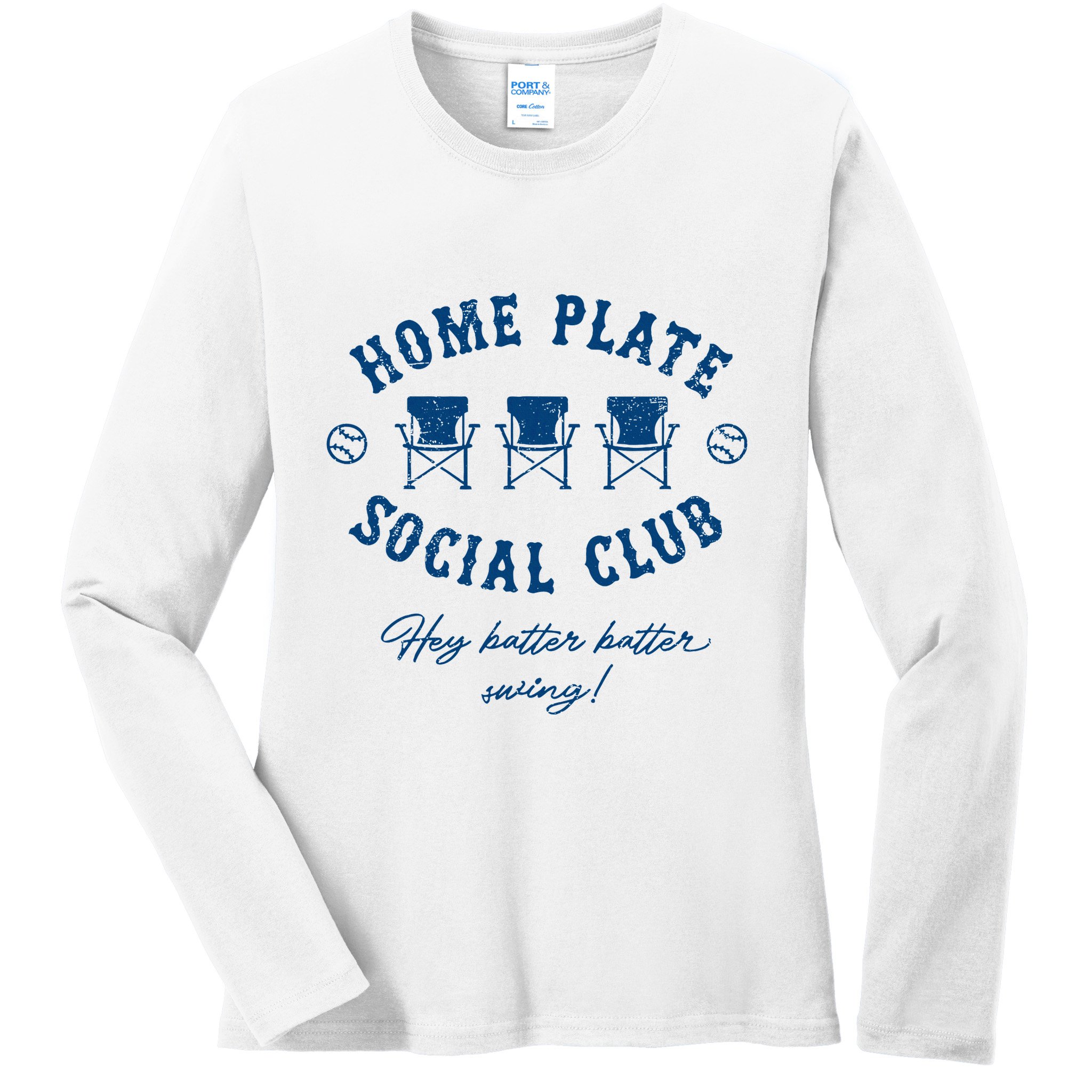 Home Plate Social Club Hey Batter Batter Swing Baseball Ladies Long Sleeve Shirt