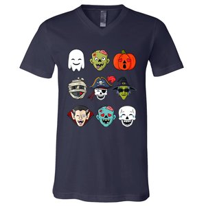 Halloween Pirate Skeleton Zombie Mummy Funny Faces V-Neck T-Shirt