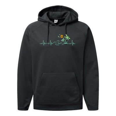 Heartbeat Palm Tree Retro Tropical Beach Island Trees Performance Fleece Hoodie