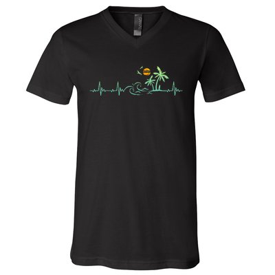 Heartbeat Palm Tree Retro Tropical Beach Island Trees V-Neck T-Shirt