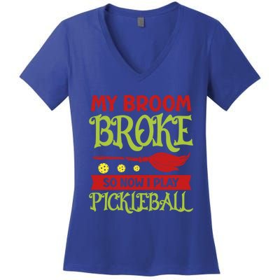 Halloween Pickleball Tee My Broom Broke So I Play Pickleball Gift Women's V-Neck T-Shirt