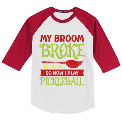 Halloween Pickleball Tee My Broom Broke So I Play Pickleball Gift Kids Colorblock Raglan Jersey