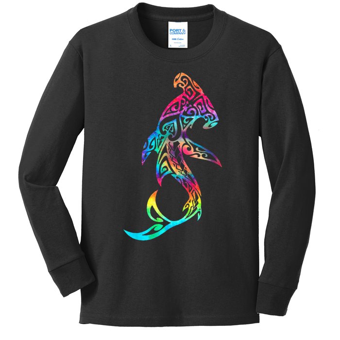 Hawaii Polynesian Tribal Hammerhead Shark Aloha Ocean Kids Long Sleeve Shirt