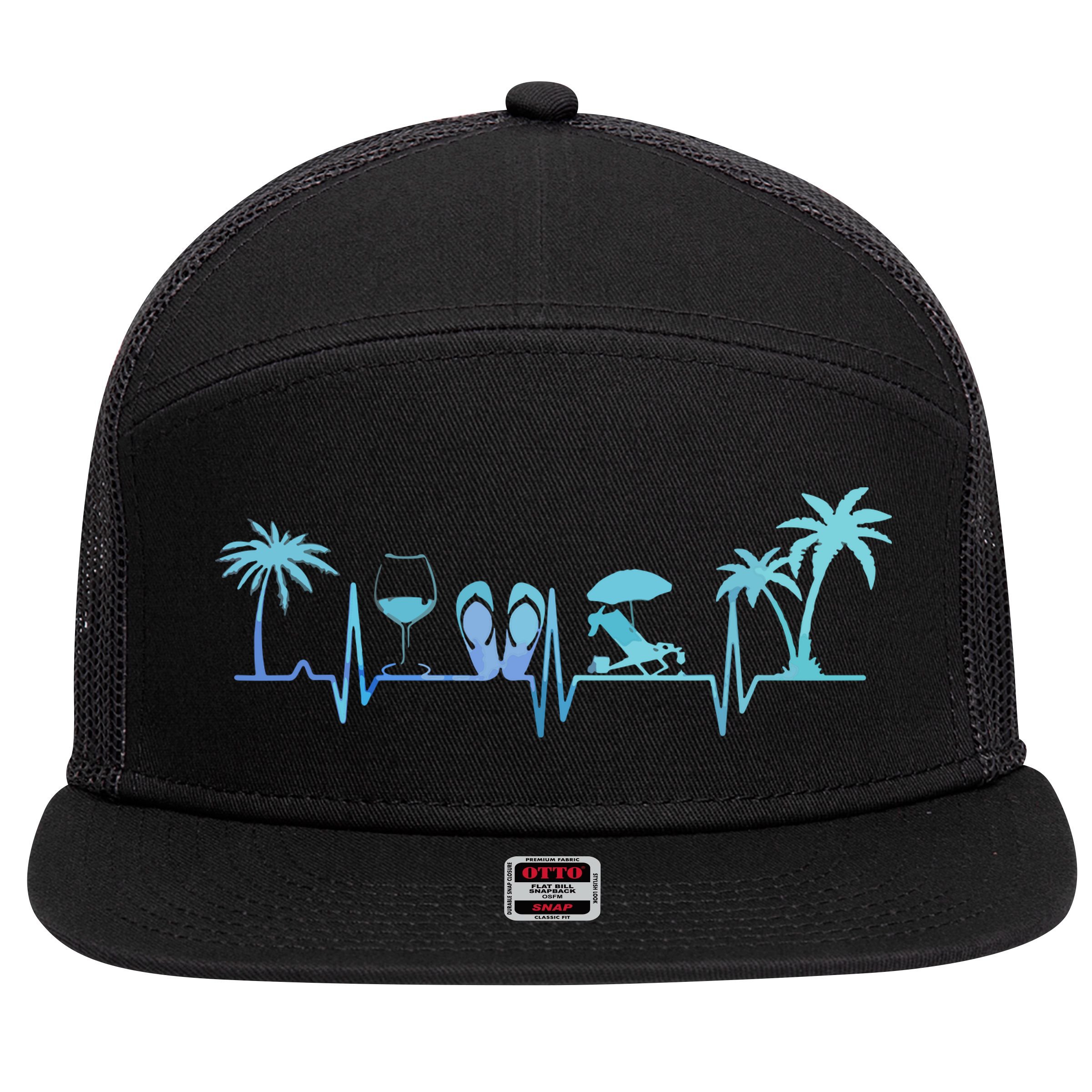 Heartbeat Palm Tree Wine Glass Flipp Flop Summer Lover 7 Panel Mesh Trucker Snapback Hat