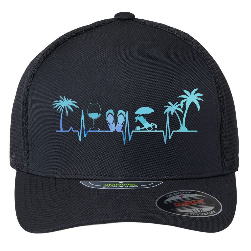 Heartbeat Palm Tree Wine Glass Flipp Flop Summer Lover Flexfit Unipanel Trucker Cap