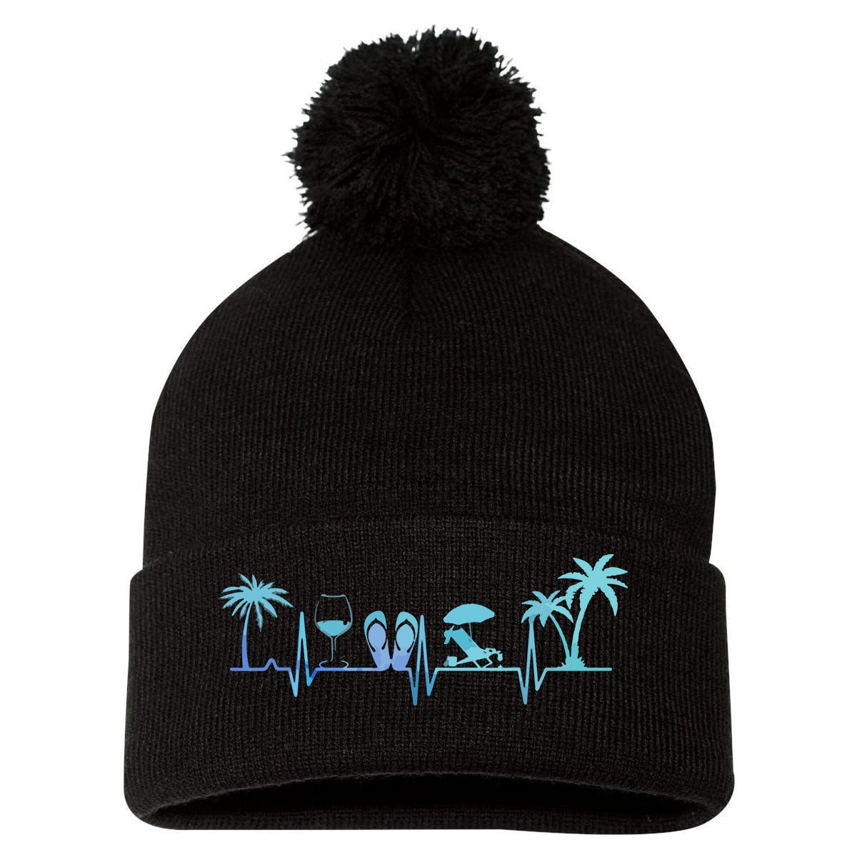 Heartbeat Palm Tree Wine Glass Flipp Flop Summer Lover Pom Pom 12in Knit Beanie