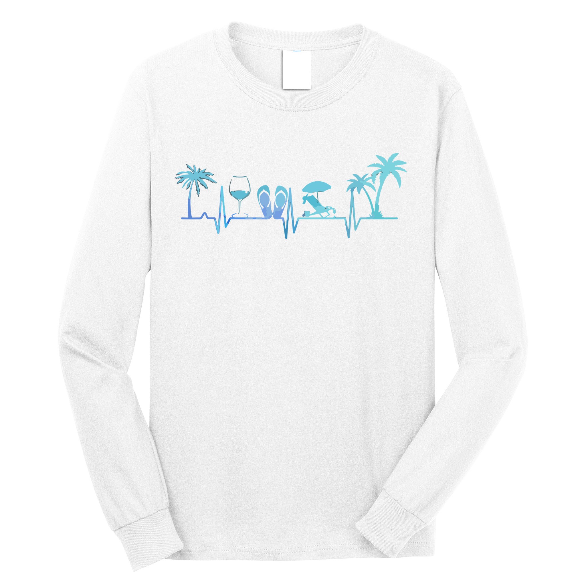 Heartbeat Palm Tree Wine Glass Flipp Flop Summer Lover Long Sleeve Shirt