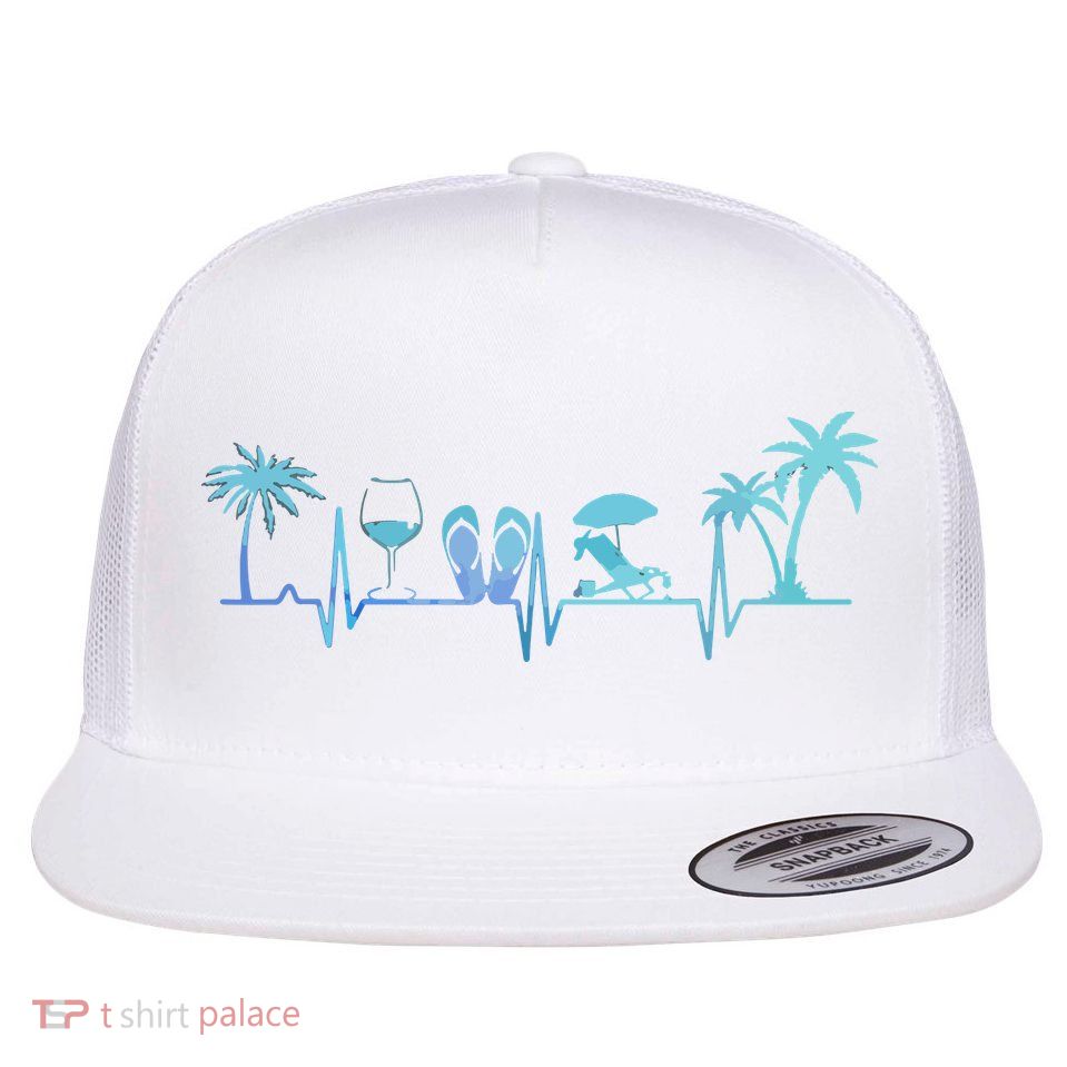 Heartbeat Palm Tree Wine Glass Flipp Flop Summer Lover Flat Bill Trucker Hat