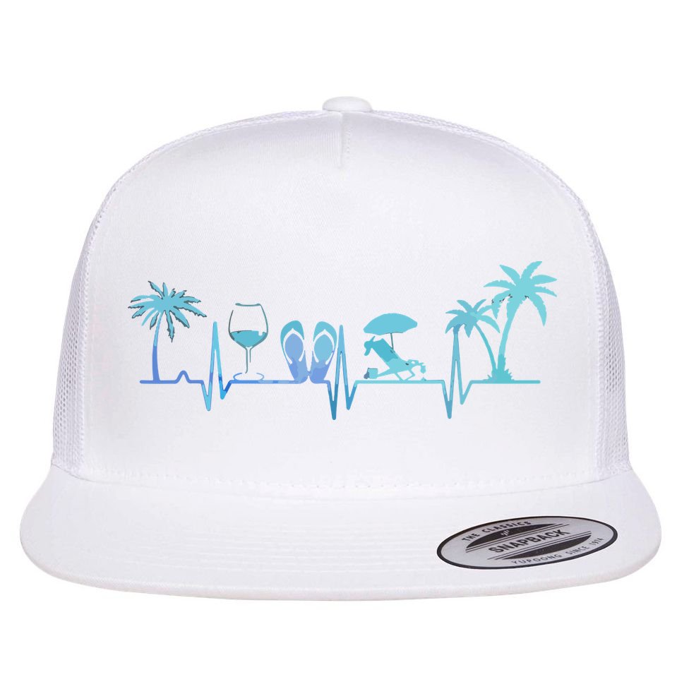 Heartbeat Palm Tree Wine Glass Flipp Flop Summer Lover Flat Bill Trucker Hat