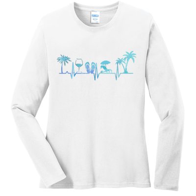 Heartbeat Palm Tree Wine Glass Flipp Flop Summer Lover Ladies Long Sleeve Shirt