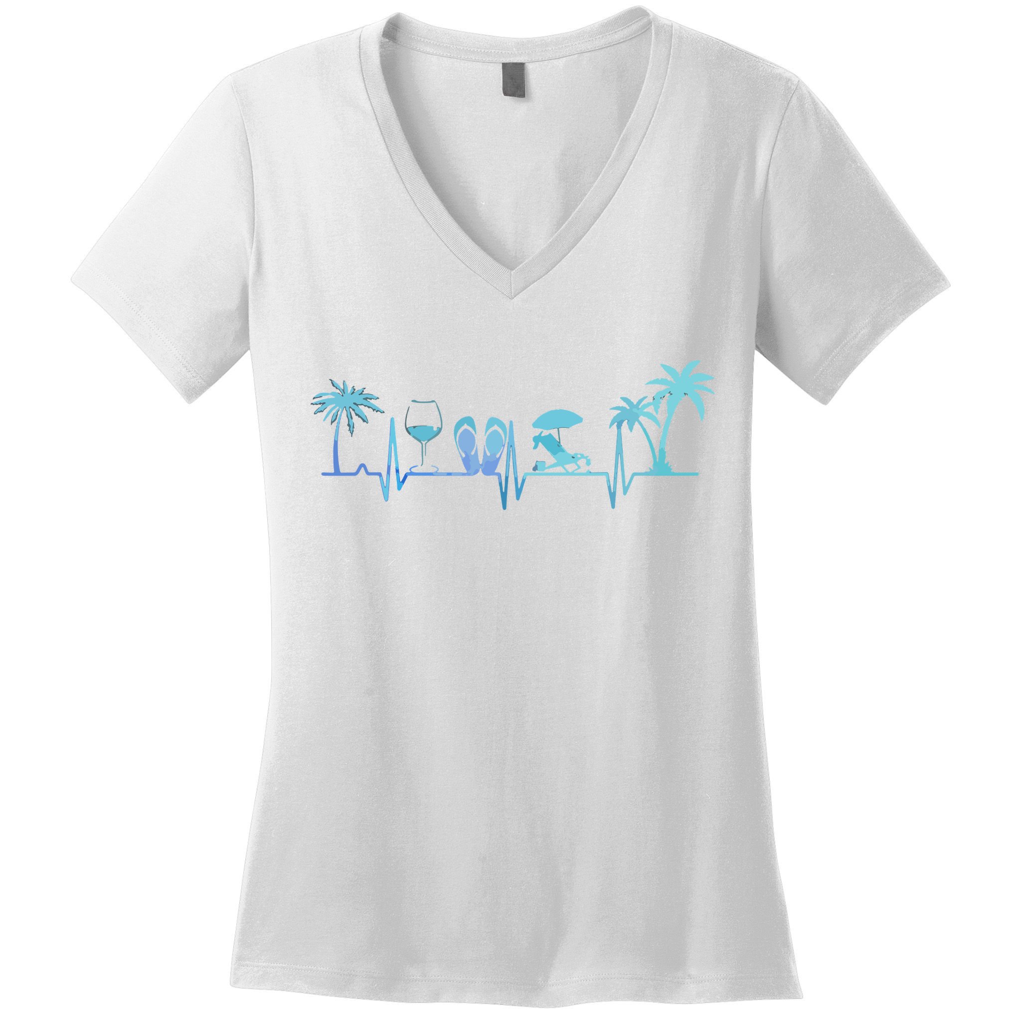 Heartbeat Palm Tree Wine Glass Flipp Flop Summer Lover Women's V-Neck T-Shirt