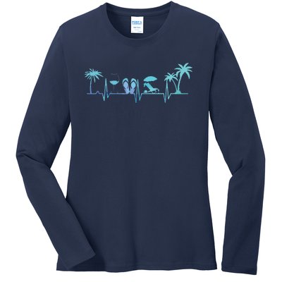 Heartbeat Palm Tree Wine Glass Flipp Flop Summer Lover Ladies Long Sleeve Shirt