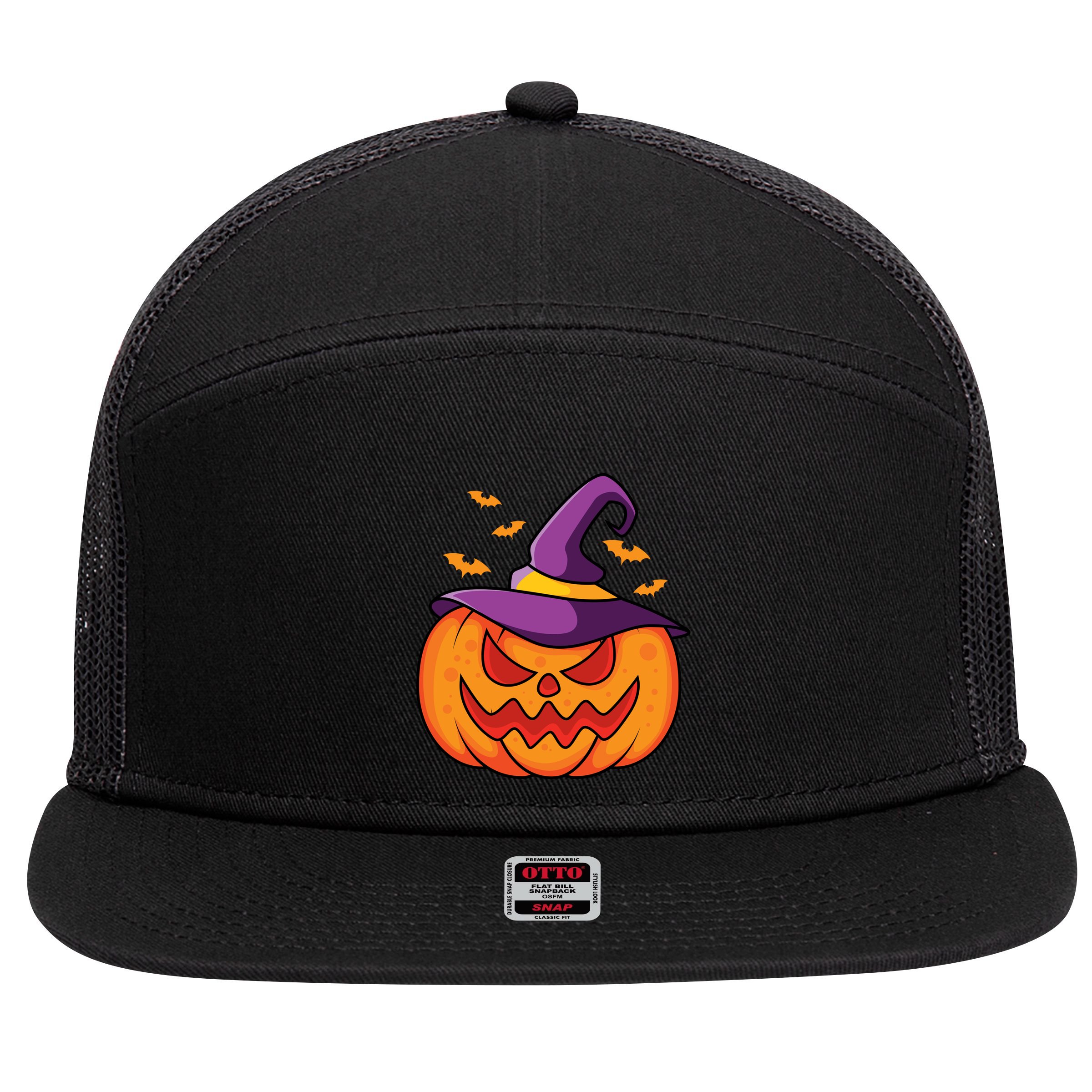 Halloween Pumpkin Witch 7 Panel Mesh Trucker Snapback Hat