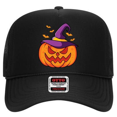 Halloween Pumpkin Witch High Crown Mesh Back Trucker Hat