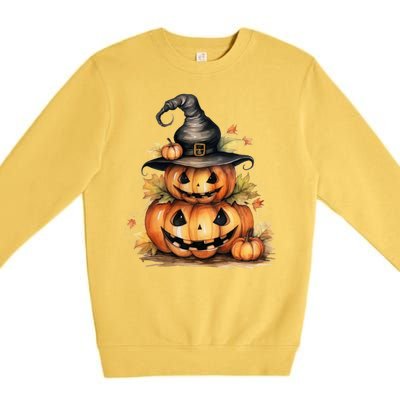 Halloween Pumpkin Witch Fall Autumn Illustration Premium Crewneck Sweatshirt