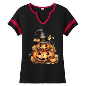 Halloween Pumpkin Witch Fall Autumn Illustration Ladies Halftime Notch Neck Tee